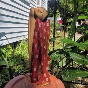 Wood statue, woman in red, accented w/ gold paint,beautiful art piece See pics!